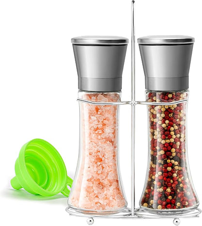 Salt and Pepper Grinder Set - Stainless Steel Refillable Salt & Peppercorn Shakers (2.6"W x 7.5"H - 2 Pack with Holder) by MJINGMEI