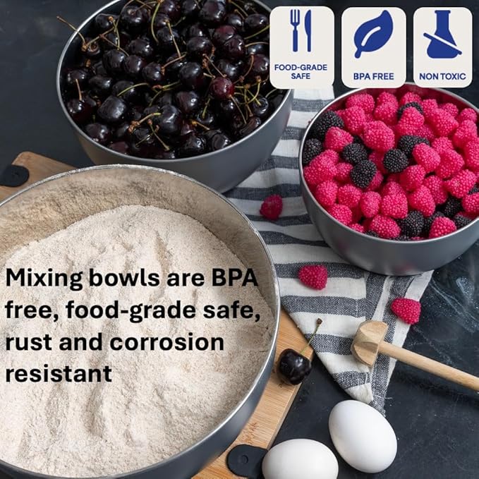 WHYSKO® Stainless Steel Mixing Bowls (Set of 3) with Non-Slip Silicone Base for Kitchen, Dishwasher Safe Bowls for Meal Prep, Cooking, Baking, Serving, Food Storage (Grey) - Image 5
