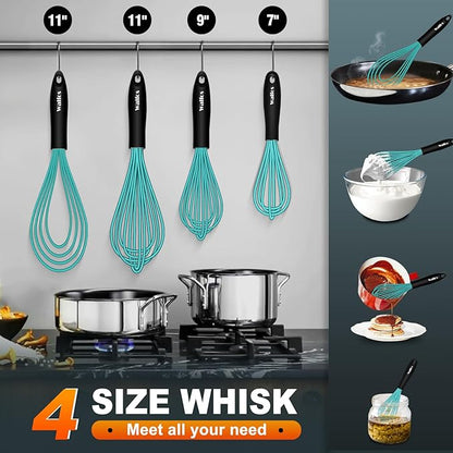 Walfos Silicone whisk,Whisks for Cooking Non Scratch, BPA Free whisk set of 4, 7+9+11in Balloon Whisks & 11in Flat Whisk, Heat Resistant(480°F).Great for Cooking in Pans, Baking, Whisking.Blue - Image 5