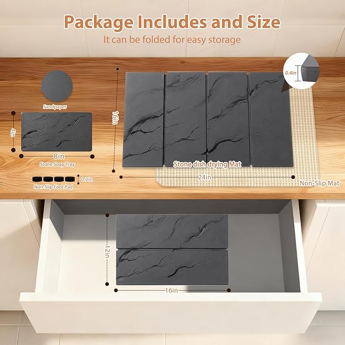 Large Stone Dish Drying Mat for Kitchen Counter, 2 PCS Quick Dry Diatomaceous Earth Dish Mat Set – Foldable Water Absorbing Kitchen Accessories for Countertop(Dark Gray 24"x16"&8"x4") - Image 3