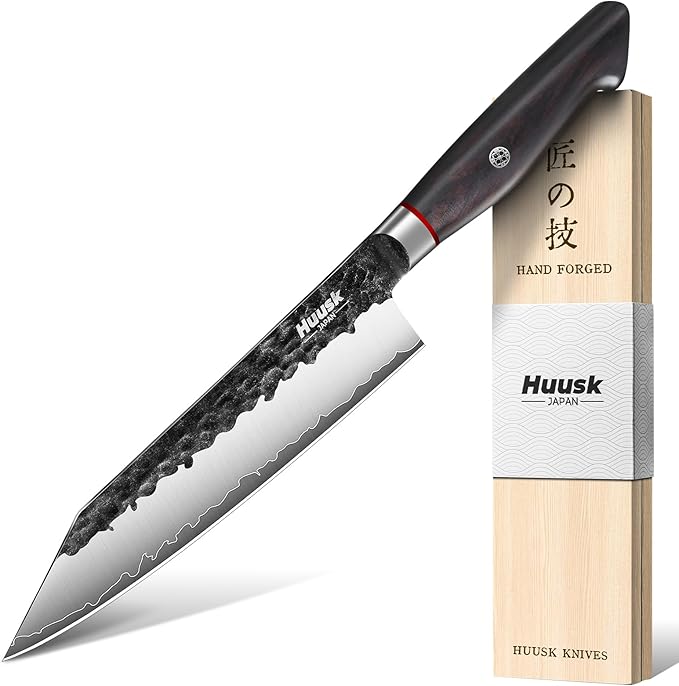 Huusk Kiritsuke Japanese Chef Knife - Hand Forged Japanese Knives with VG10 Steel Core, Ergonomic Handle 8 inch Kitchen Knife for Meat Sashimi Vegetable, Elegant Gift Box, Pro Chef's Choice by HuuskKnife