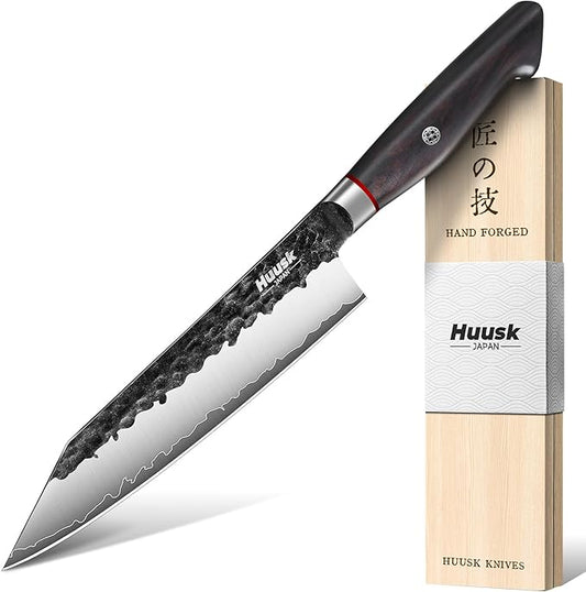 Huusk Kiritsuke Japanese Chef Knife - Hand Forged Japanese Knives with VG10 Steel Core, Ergonomic Handle 8 inch Kitchen Knife for Meat Sashimi Vegetable, Elegant Gift Box, Pro Chef's Choice by HuuskKnife