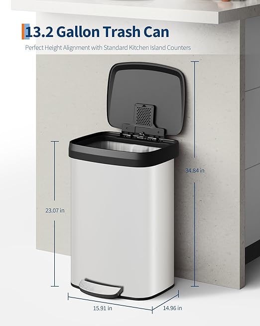 Garvee 13 gal / 50 L Metal Trash Can with Lid, Large Garbage Can for Kitchen, Rustproof Step-on Kitchen Metal Trash Bin with Liner Rim, Rear Handle, Soft Close Plastic Lid, White - Image 6