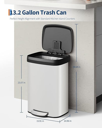 Garvee 13 gal / 50 L Metal Trash Can with Lid, Large Garbage Can for Kitchen, Rustproof Step-on Kitchen Metal Trash Bin with Liner Rim, Rear Handle, Soft Close Plastic Lid, White - Image 6