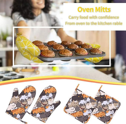 Fun Cat Cartoon Animal Face Oven Mitts and Pot Holders Set of 4 Silicone Heat Resistant Oven Mitten Potholders Non Slip Gloves Kitchen Decor for BBQ Cooking Grilling Baking