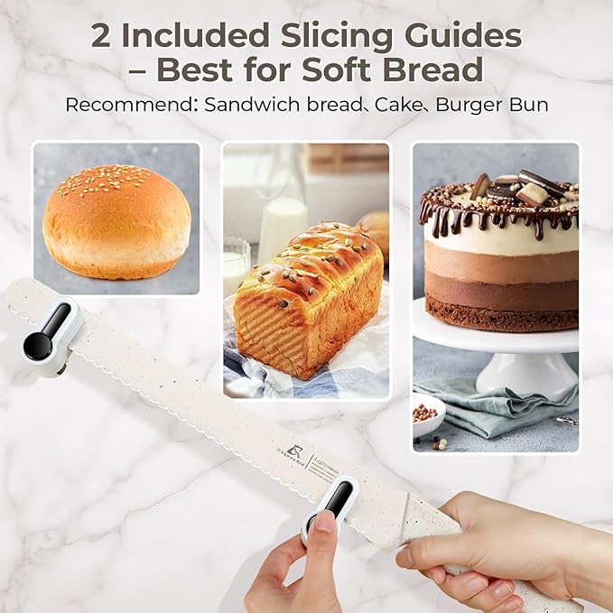CoquusAid Upgrade Bread Knife for Homemade Bread, World‘s 1st Double Serrated Knife with 5 Thickness Adjustable Slicing Guide, Stainless Steel Bread Cutter, Razor Sharp for Sourdough, Creamy White - Image 7