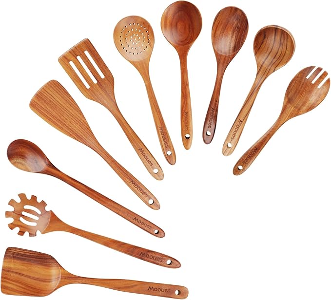 Mooues Wooden Spoons for Cooking, Wooden Utensils for Cooking Natural Teak Wooden Kitchen Utensils Set Comfort Grip (10 PCS SET) by Mooues
