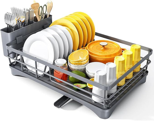 Dish Drying Rack for Kitchen Counter - Large Dish Rack with Drainboard, Rustproof Dish Drainer with Utensil Holder for Sink, Grey by SNTD
