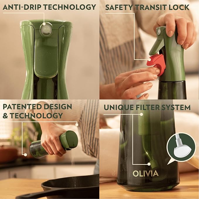 FLAIROSOL OLIVIA Oil Sprayer for Cooking, 200ml Glass Olive Oil Sprayer, Continuous Oil Spray Bottle with Portion Control, Oil Dispenser for Kitchen, Air Fryer, Salad, BBQ (Green Bottle, Gold Print) - Image 3