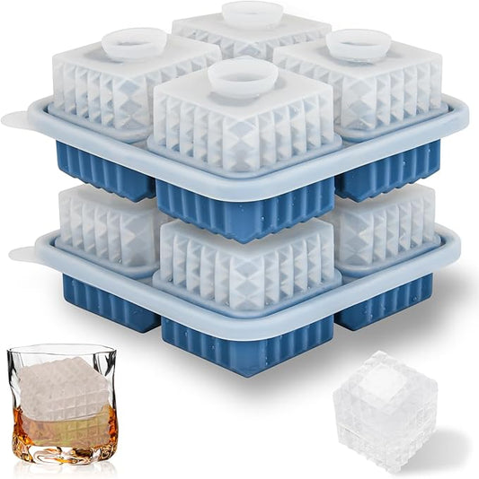 2 Pack Whiskey Ice Cubes Mold,Silicone Ice Cube Trays with Lid,2-Inch,Diamond Textured Large Square Ice Cube Mold,Bourbon Ice Cube Molds,Ice Trays-Ice Molds for Whiskey,Cocktails,Blue