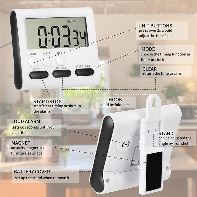 Mudder 12 Pack Digital Kitchen Timer for Cooking, Large Digits, 24 Hour Magnetic Backing Stand Kitchen Timers Clock for Classroom Kids Teachers, Loud Alarm and Large Screen (Black) - Image 6