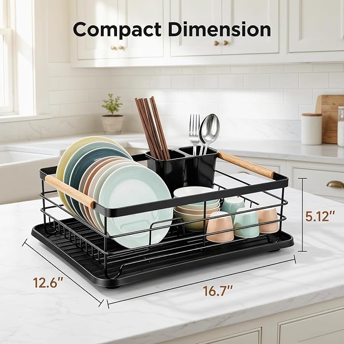 Dish Racks for Kitchen Counter, Thickened Metal Dish Drying Rack with Wooden Handles, Kitchen Countertop Organizer for Dishes, Spoons and Forks, No Assembly, Black, 16.7''*12.6''*5.12'' - Image 5