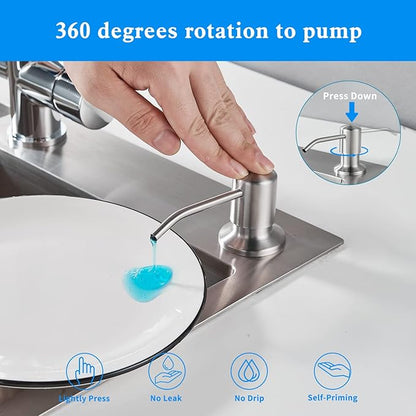 Built in Soap Dispenser for Kitchen Sink, Brushed Nickel Stainless Steel Countertop Pump Head (Plastic Built-in), Dish Soap Hand Lotion Dispenser with Refillable 17OZ Bottle