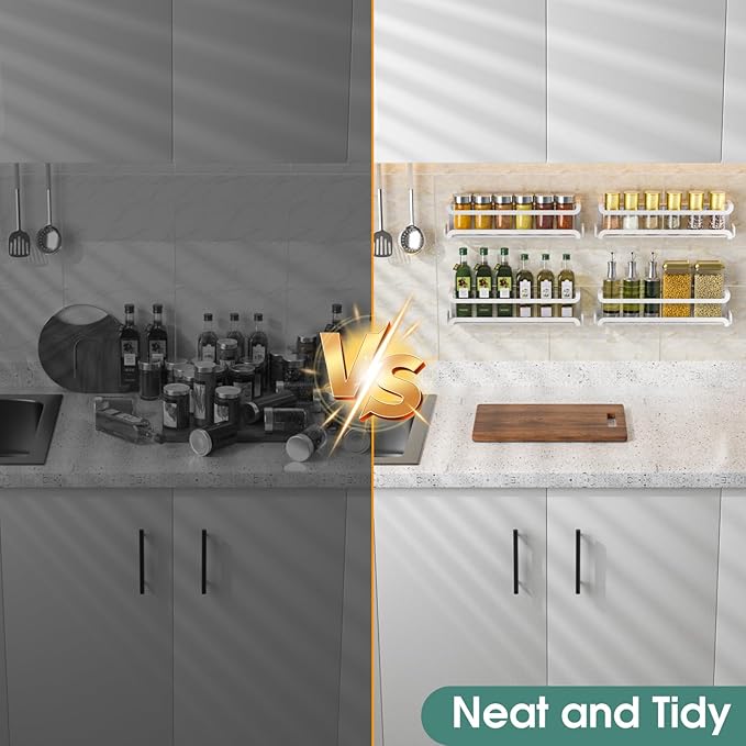 LUCYCAZ 4 Pack Wall Mounted Spice Rack with 16 Hooks, Spice Organizer Shelf for Stove Cabinet Pantry Door,Screw or Adhesive Spice Shelf Hanging Wall Spice Rack in Kitchen and RV (White, 4 PACK) - Image 7