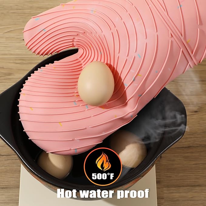 4 Pieces Oven Mitts of Macaron Color Thickened Non-Slip Silicone Kitchen Gloves, Heat Resistant up to 750F, Essential for Kitchen Baking (Pink) - Image 3