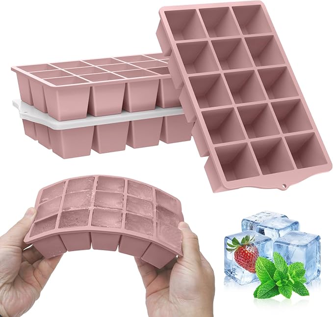 FANYITY Silicone Ice Cube Tray with Lid Pink, Pack of 4 Ice Cube Moulds, Silicone Mould, BPA-Free, Stackable Ice Cube Tray, Ice Cube Trays for Baby Porridge, Cocktail, Whiskey, Coffee