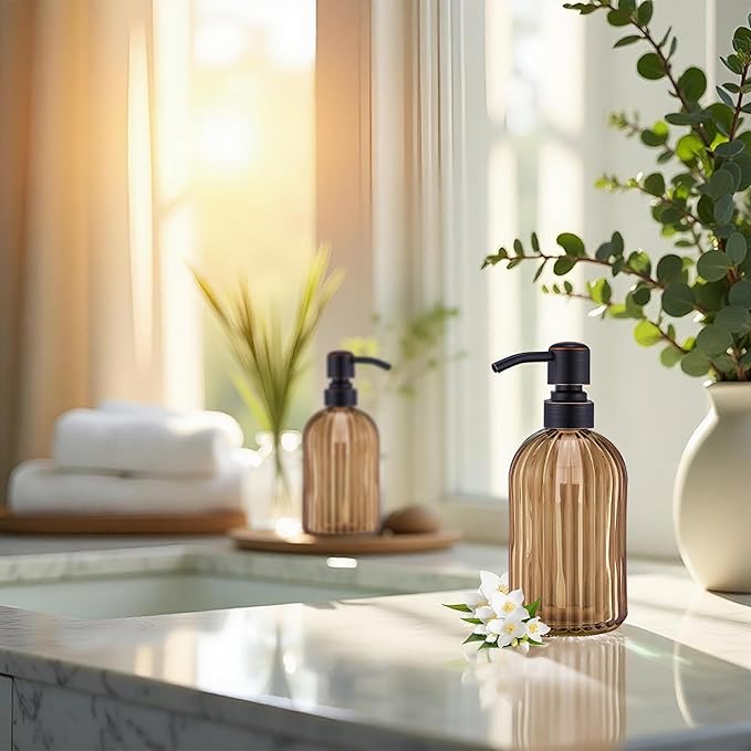 16 OZ Amber Glass Soap Dispenser, Amber Stripe Bathroom Hand Soap Dispensers with Stainless Steel Bronze Pump,Brown Glass Kitchen Hand Soap Dispenser with Oil Rubbed Bronze Pump