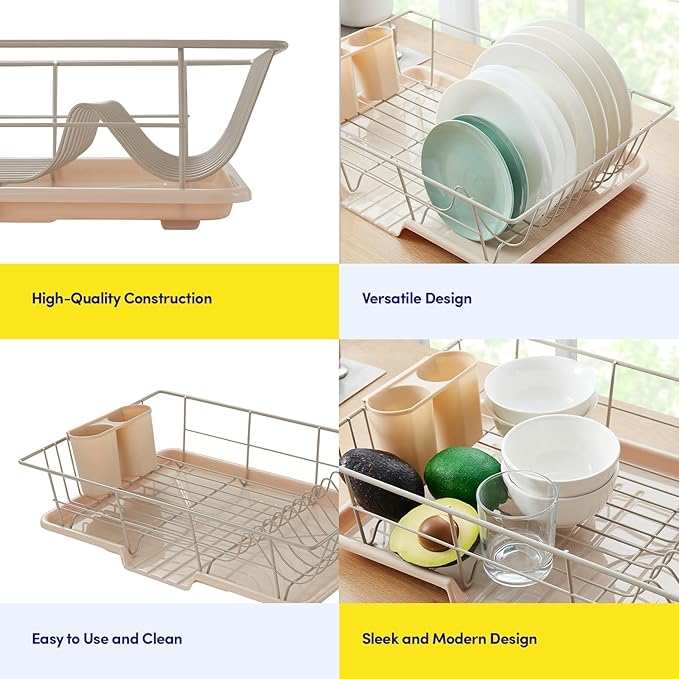 Sweet Home Collection Space-Saving 3-Piece Dish Drainer Rack Set: Efficient Kitchen Organizer for Quick Drying and Storage - Includes Cutlery Holder and Drainboard - Maximize Countertop Space, Beige - Image 6