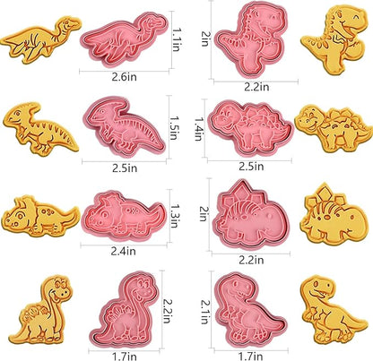 Dinosaur Cookie Cutters With Plunger Stampers Set,8 Piece 3D Dinosaur Embossing Cutters For Biscuit Fondant Cheese Baking