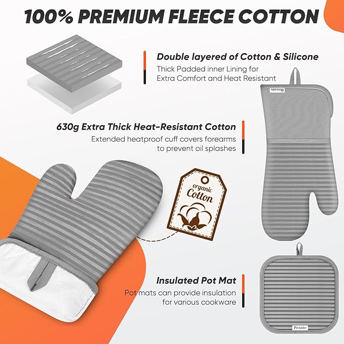 Oven Mitts Kitchen Towels and Dishcloths with Pot Holders Sets, Oven Gloves Hot Pads 500°F Heat Resistant with Silicone Grip, Include 2 Cooking Gloves/2 Potholders/4 Kitchen Towels/4 Dish Towels-Gray - Image 3