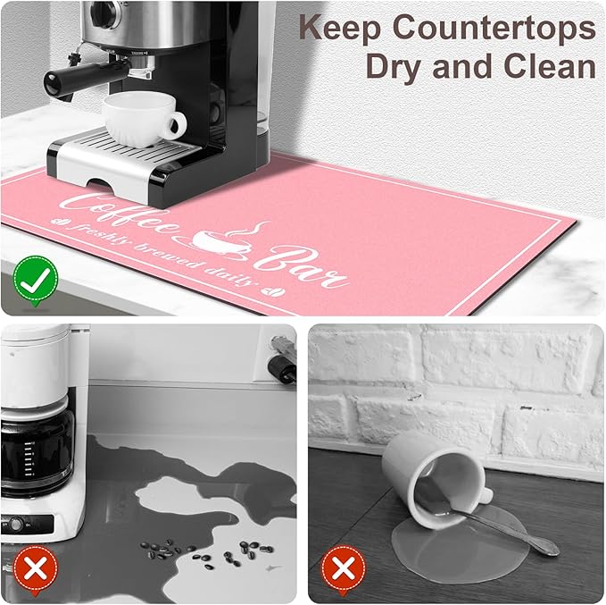 CooRug Absorbent Coffee Mat, Fashion Dish Drying Mat for Kitchen Counter Coffee Bar Accessories Espresso Machine Dish Rack 16" x 24" Pink - Image 3