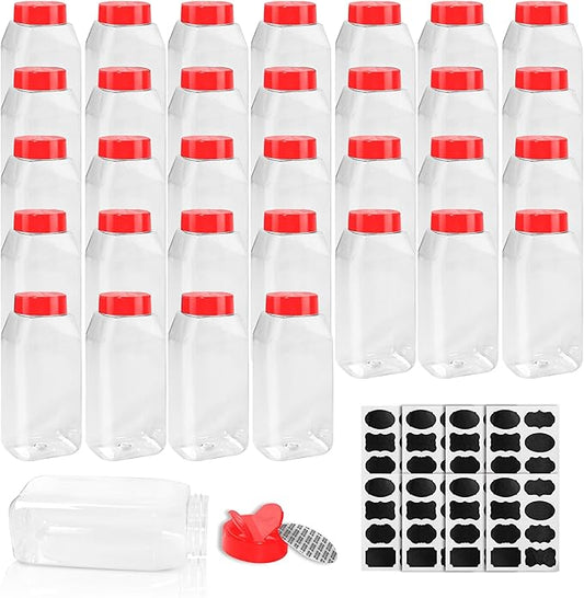34 Pack 16 oz Plastic Spice Jars with Cap Clear Empty Square Bottle With flip lid Reusable Spice Bottle Large Seasoning Jars Powder Storage Container for Storing Seasoning Powders Supplies(Red) by SENONAPO
