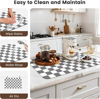 17" x 32" Checkered Dish Drying Mat for Kitchen Counter, Absorbent Coffee Bar Mat for Espresso Machine Coffee Countertops Accessories, Grey - Image 7