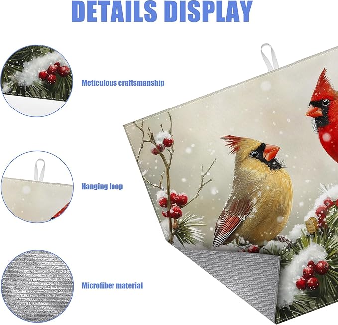Winter Cardinal Bird Dish Drying Mat for Kitchen Counter Snow Drying Pad Absorbent Reversible Dish Drainer Rack Mats Draining Pad 18"x24"Inch - Image 3