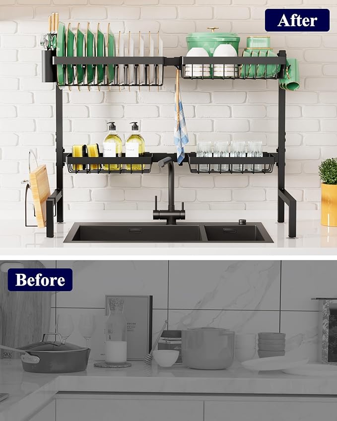 Kitsure Over The Sink Dish Drying Rack - 30.0" to 33.9" x 21.5", Adjustable Sink Drying Rack for Kitchen Sink with Multifunctional Baskets, Black - Image 8