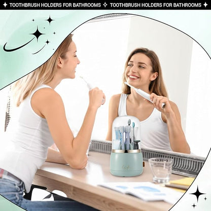 Sawysine Toothbrush Holders with Cover Dustproof Toothbrush Organizer with Sliding Lid Rotating 7 Slots Makeup Brushes Toothpaste Stand Storage for Bathroom Accessories Counter Vanity