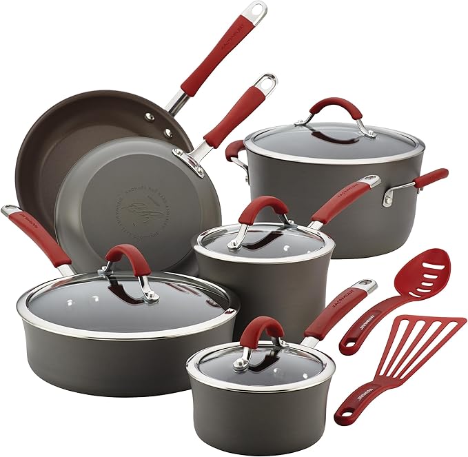 Rachael Ray - 87630 Rachael Ray Cucina Hard Anodized Nonstick Cookware Pots and Pans Set, 12 Piece, Gray with Red Handles by RachaelRayKitchenware
