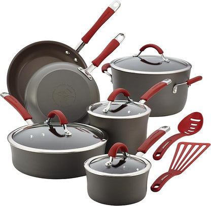 Rachael Ray - 87630 Rachael Ray Cucina Hard Anodized Nonstick Cookware Pots and Pans Set, 12 Piece, Gray with Red Handles by RachaelRayKitchenware