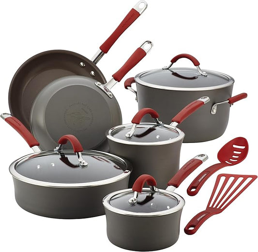 Rachael Ray - 87630 Rachael Ray Cucina Hard Anodized Nonstick Cookware Pots and Pans Set, 12 Piece, Gray with Red Handles by RachaelRayKitchenware