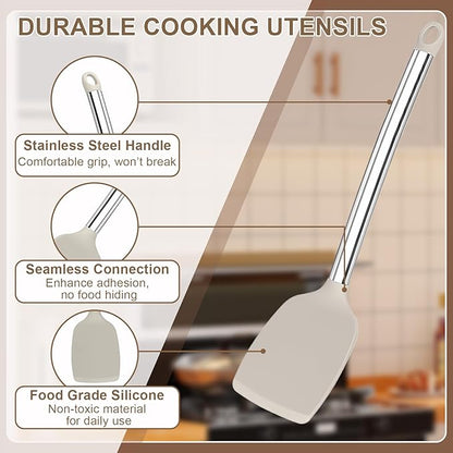 Vayvnt 4 Pieces Silicone Kitchen Spatula Utensils Set, Silicone Cooking Utensils for Non-Stick Cookware, Heat Resistant Silicone Utensils for Cooking, Kitchen Spatula Turner, Dishwasher Safe, Khaki