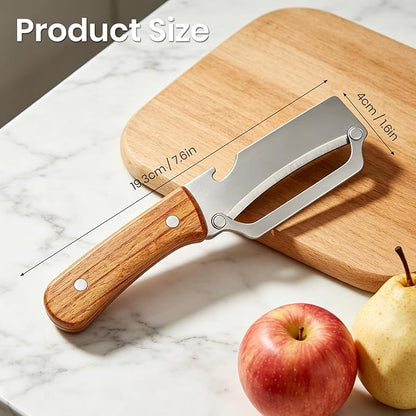 Multi-Functional Vegetable Peeler for Kitchen, 2-in-1 Stainless Steel Kitchen Tool with Bottle Opener and Wooden Handle Stainless Steel Blade for Fruit Apple Carrot Papaya Potato Pumpkin (2PCS)