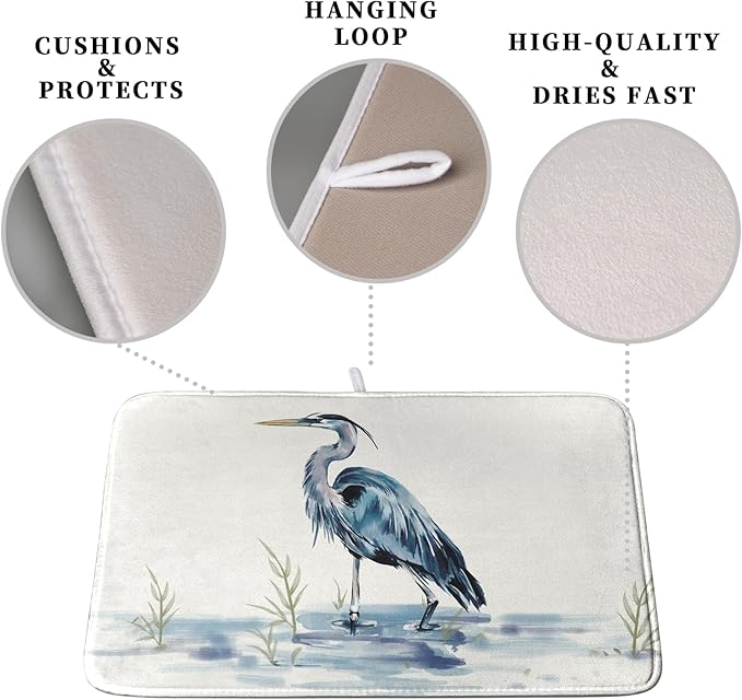 Summer Dish Drying Mat Blue White Heron Beach Absorbent Microfiber Drying Mats for Kitchen Counter Coastal Nautical Birds Dishes Drainer Mat Extra Large 18x24 Inch - Image 3