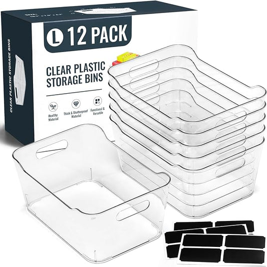 12 PACK Multi-Use Clear Plastic Storage Bins for Organizing w/Labels - Home, Kitchen, Pantry, Bathroom, Office, Cabinet Shelf Organizer Bins - SOHO Collection, RV, Fridge Organization Containers - L by MakeLifeBetterEasier