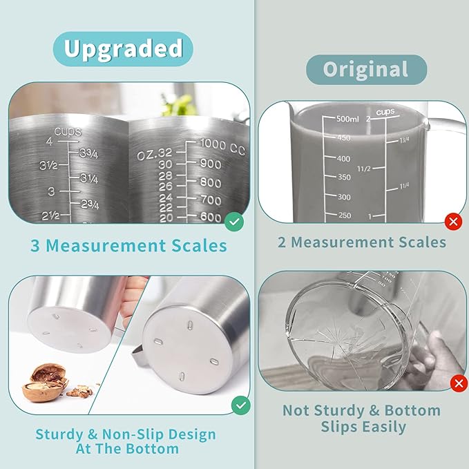 Newness Measuring Cup, [Upgraded, 3 Measurement Scales, Including Cup Scale, ML Scale, Ounce Scale], Stainless Steel Measuring Cup with Marking with Handle, 32 Ounces (1.0 Liter, 4 Cup) (Pack of 2) - Image 3