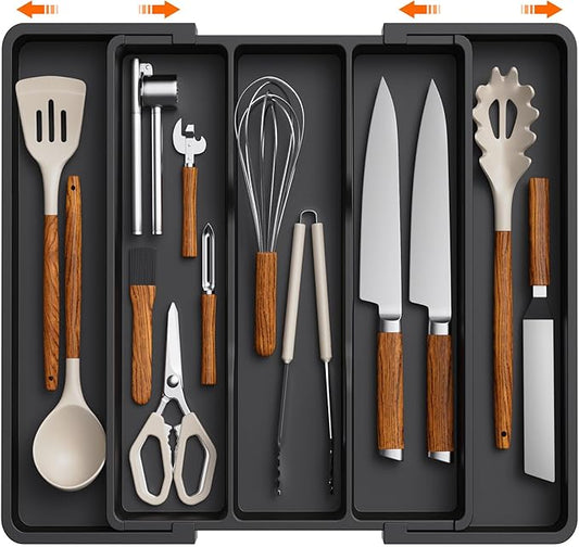 Lifewit Utensil Organizer for Kitchen Drawers, Expandable Cooking Utensil Tray, Adjustable Cutlery Silverware Flatware Holder, Plastic Spatula Tools Storage Divider, 13-22 x 15", Black by Lifewit