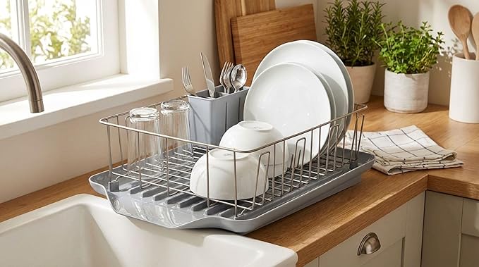 Farberware Classic 3-Piece Dish Drying Rack Set for Kitchen Counter, Gray - Rust-Resistant Wires, Self-Draining Board, Flatware Caddy, Non-Slip Feet - Image 6