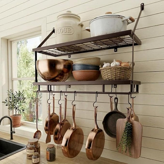 KES 30-Inch Oiled Bronze Pot Rack Wall Mounted, 2-Tier Hanging Pot and Pan Organizer with 12 Sturdy Hooks, Kitchen Wall Hanger Shelves Farmhouse Style, KUR215S75B-OB by KES