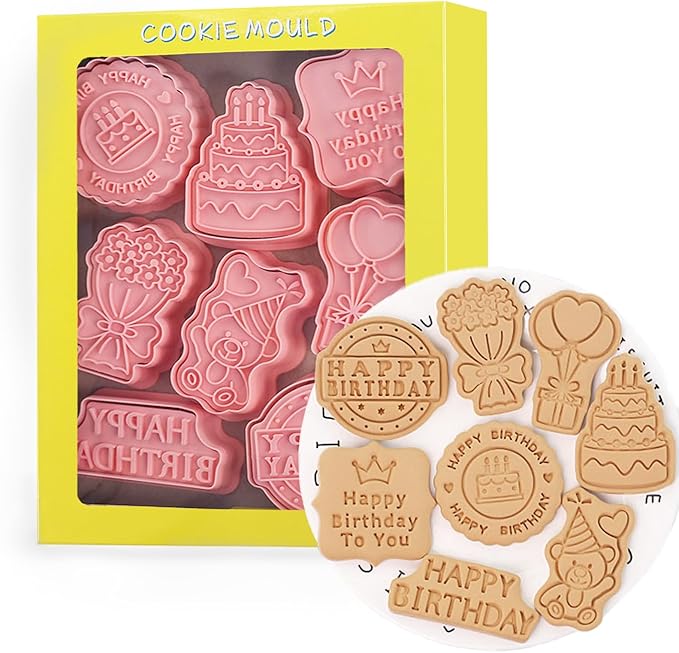 8 Pcs Cookie Cutters Set 3D Holiday Cookie Cutters for Party Baking Decoration (Birthday Theme)