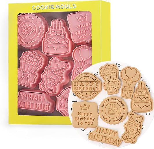 8 Pcs Cookie Cutters Set 3D Holiday Cookie Cutters for Party Baking Decoration (Birthday Theme)