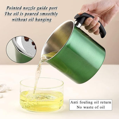 Kyraton Bacon Grease Container With Strainer, 48 oz Metal Shining Green Coating Oil Container, Pot Fat Storage With Lid, Easy Grip Handle Suitable For Storing Frying Oil And Cooking Grease