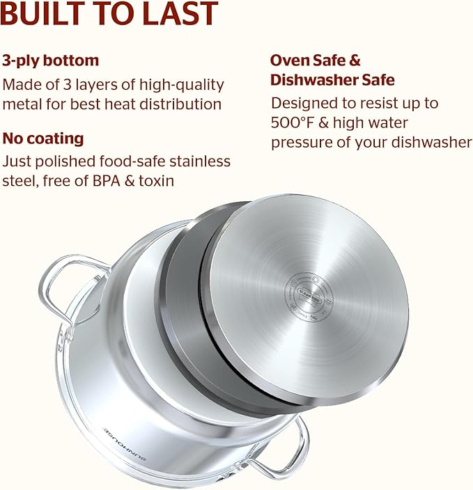 SUNHOUSE Stainless Steel Stock Pot - 7 Quart Heavy-Duty Induction Cooking Pot with Visible Lid for Pasta, Soup, Spaghetti - Nonstick Thick-Bottom Deep Stockpot for Canning, Boiling, and Simmering - Image 3