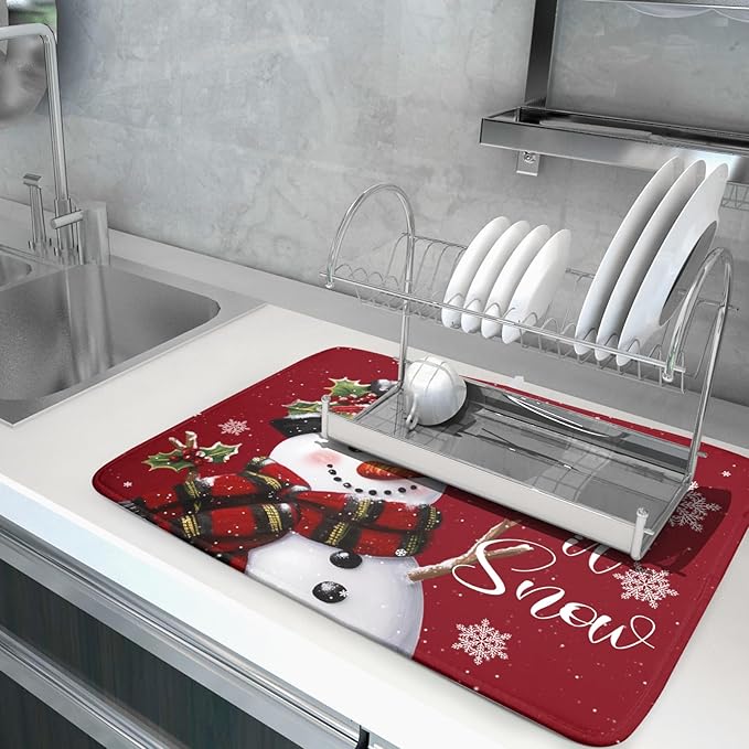 Christmas Dish Drying Mat for Kitchen Counter Snowman Let It Snow Microfiber Absorbent Dish Draining Reusable Washable Foldable Extra Large 18"x24" - Image 5