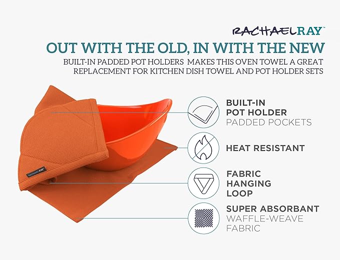 Rachael Ray Kitchen Towel, Oven Glove Moppine - 2-in-1 Ultra Absorbent Kitchen Towels with Heat Resistant Padded Pockets Like Pot Holders and Oven Mitts to Handle Hot Cookware - Burnt Orange, 2 Pack