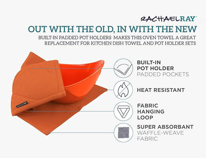 Rachael Ray Kitchen Towel, Oven Glove Moppine - 2-in-1 Ultra Absorbent Kitchen Towels with Heat Resistant Padded Pockets Like Pot Holders and Oven Mitts to Handle Hot Cookware - Burnt Orange, 2 Pack
