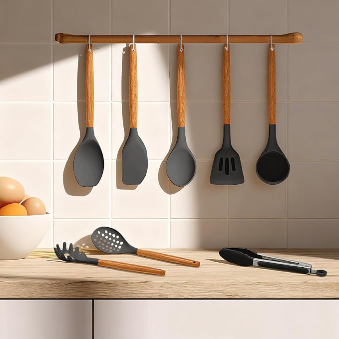 Kitchen Utensils Set - 12 Pcs Silicone Cooking Utensils Set with Wooden Handle - Heat Resistant Non-Stick BPA Free Spatula Set,Turner, Spoon, Brush, Silicone Kitchen Gadgets Utensil Set - Image 5