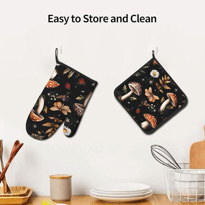 Mushroom Oven Mitts Set – Vintage Pot Holders Kitchen Gloves for Women Farmhouse Kitchen Mitts Floral Herb Potholders Set of 2 Durable for Cooking Baking - Image 6